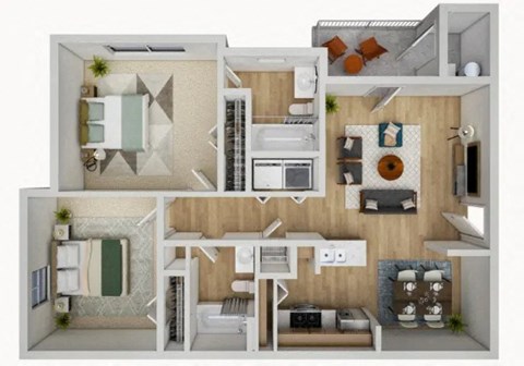 Floor plan for 2 beds, 2 baths, 1000 sqft